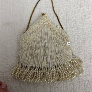 Not Rated Cream Beaded Fringe Clutch